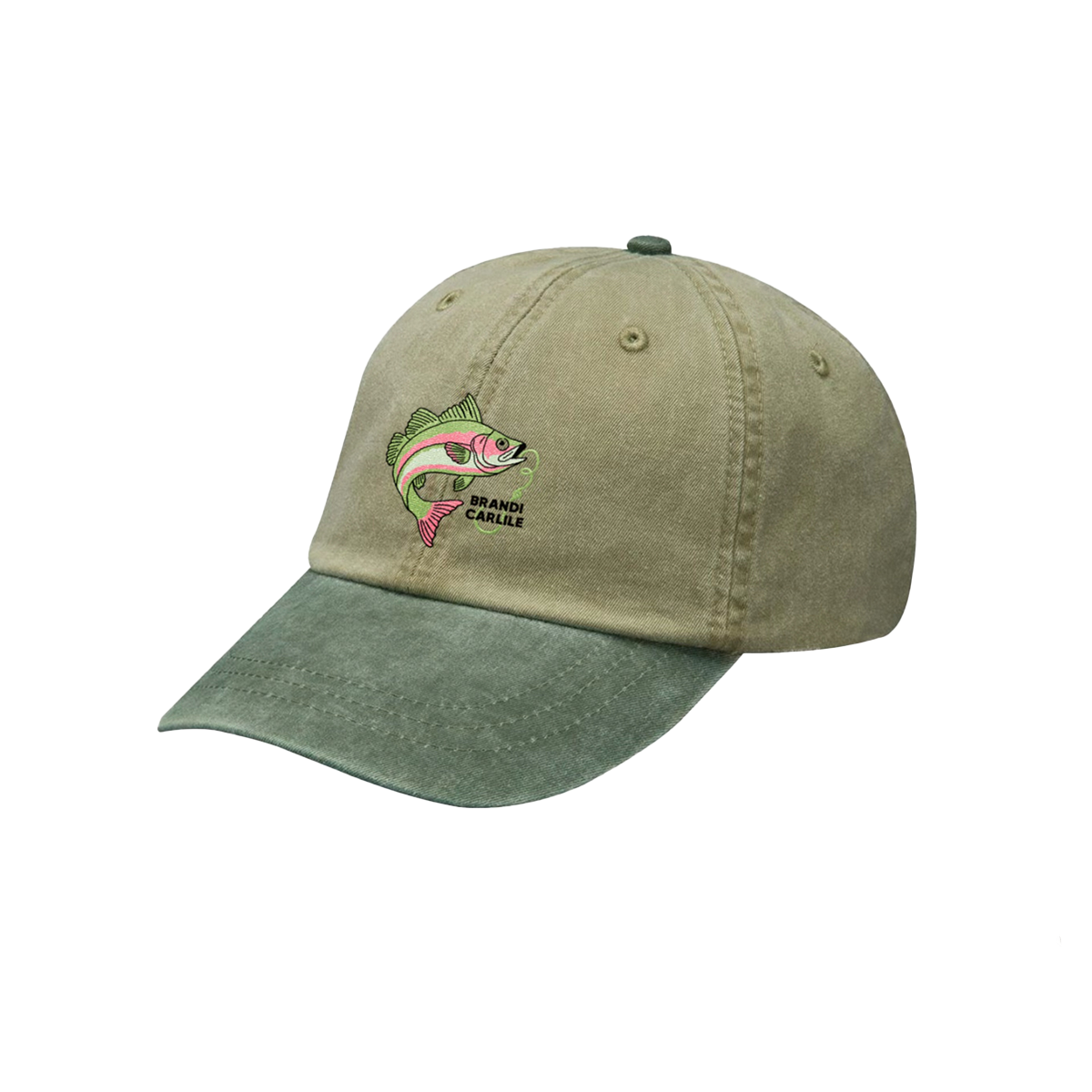 Green cap with a fish design and "Brandi Carlile" text in between a fishing line. 