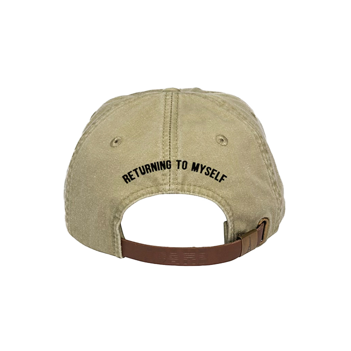 Back of a beige cap with 'RETURNING TO MYSELF' 